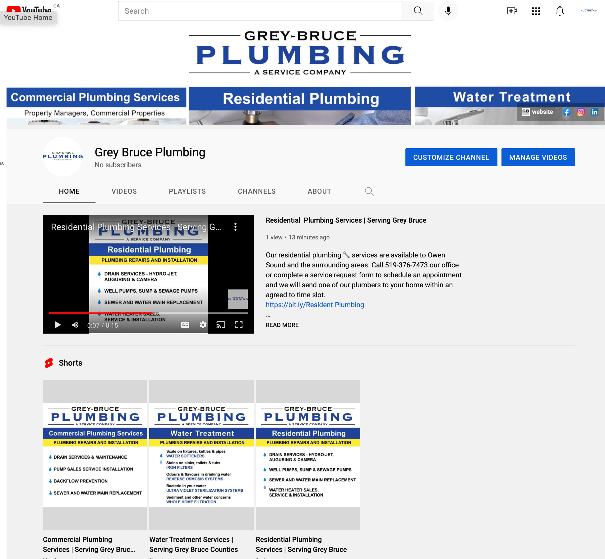 GREY BRUCE PLUMBING youtube channel set up