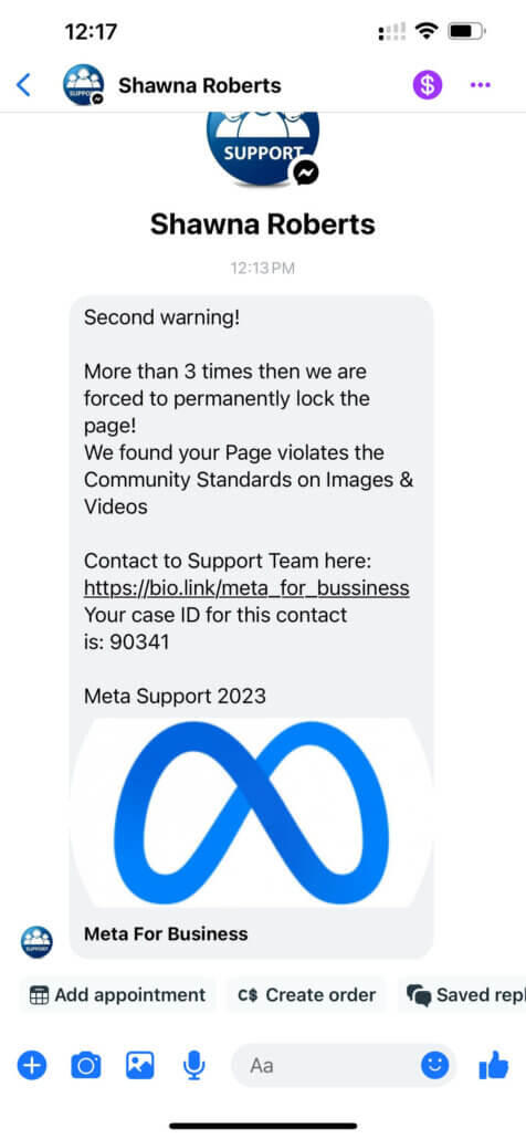 facebook support scam example